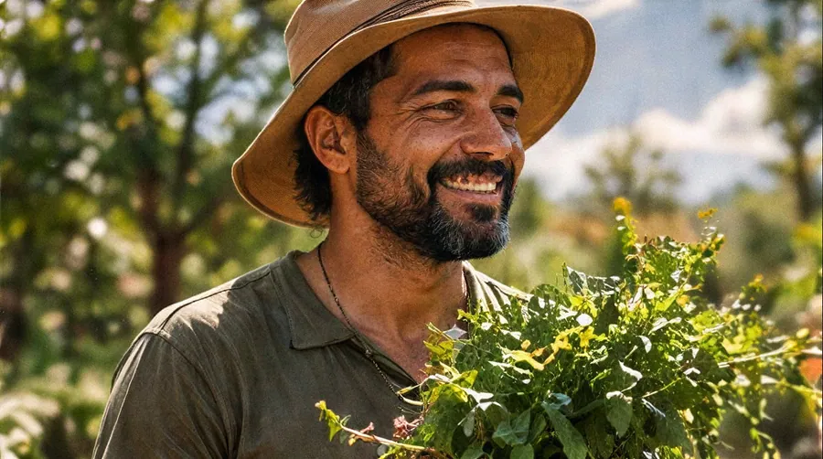 Agricultor de chapéu sorri segurando um maço de plantas