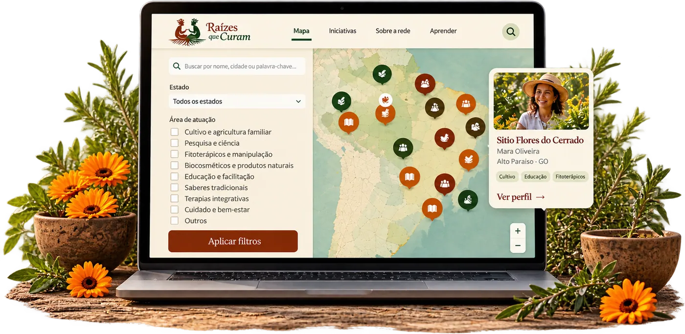 Prévia do mapa da Rede de Agentes num notebook, com busca, filtros por estado e área de atuação e pinos pelo Brasil
